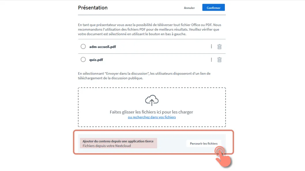 bouton &ldquo;Parcourir les fichiers&rdquo; en bas de la page.