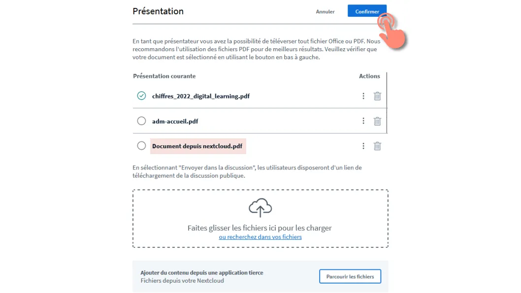 liste de documents sélectionnés et bouton &ldquo;Confirmer&rdquo;.