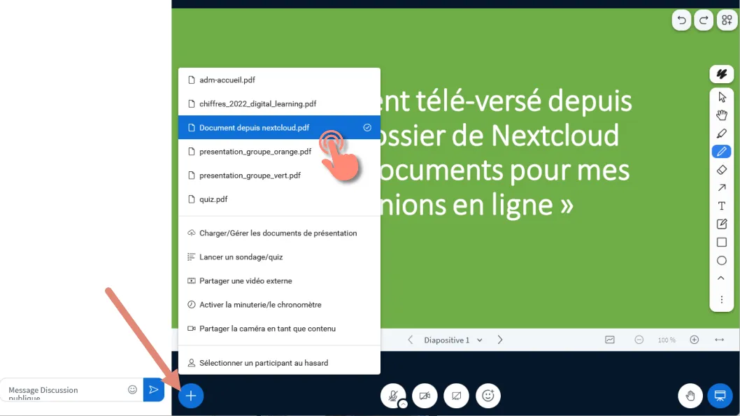 bouton &ldquo;+ Actions&rdquo; et affichage des documents ajoutés à la réunion.
