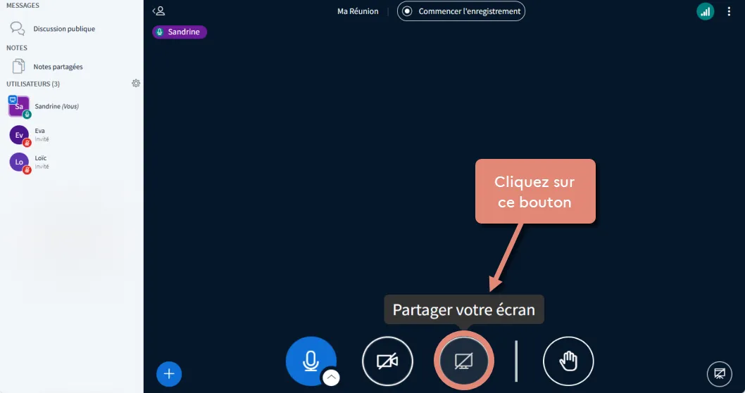 bouton &ldquo;Partager votre écran&rdquo;.