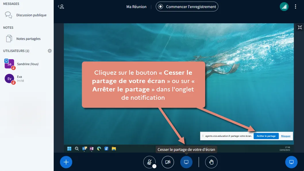 options d&rsquo;arrêt du partage.