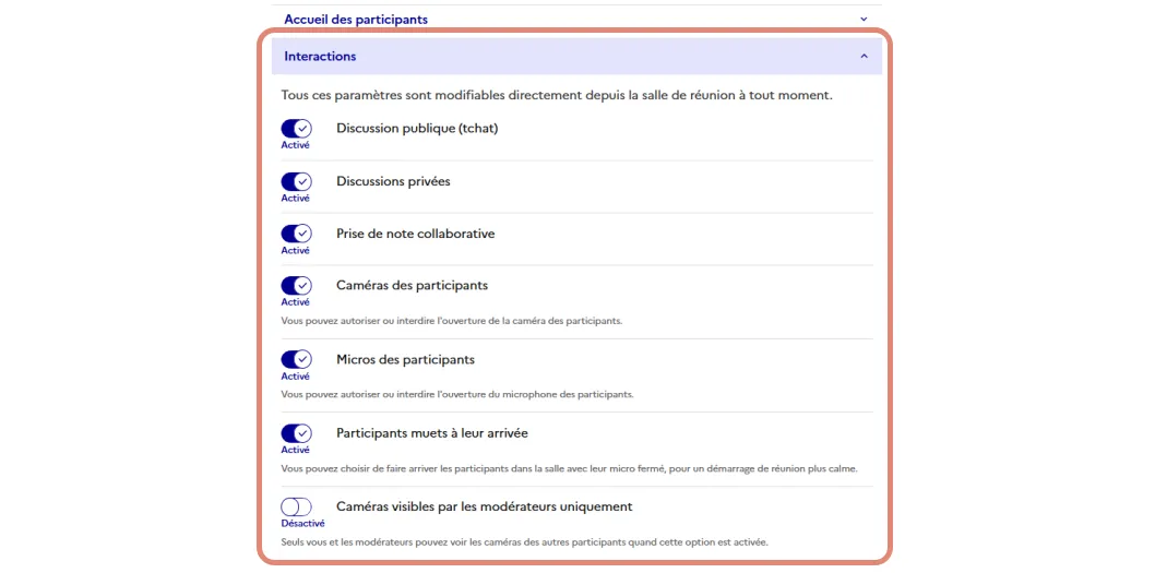 options de configuration des interactions de la salle de réunion.