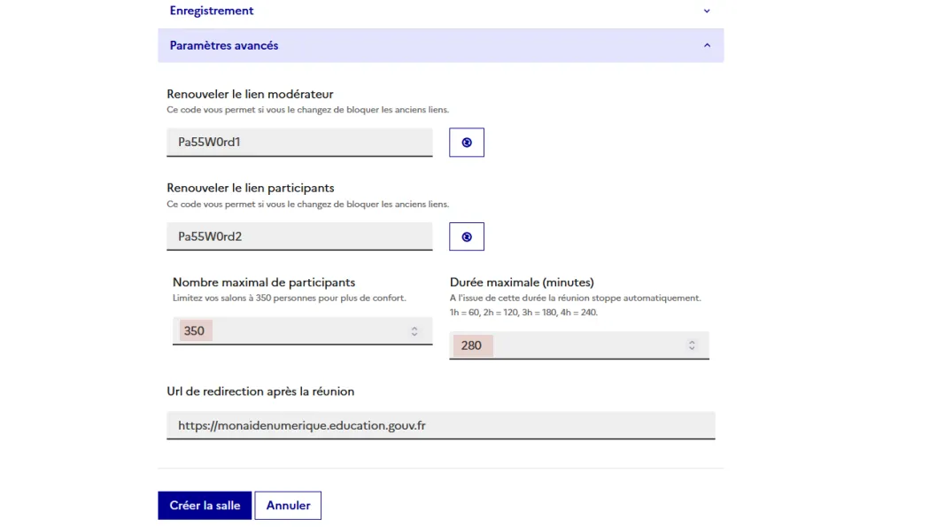 affichage des options des parametres avancées.