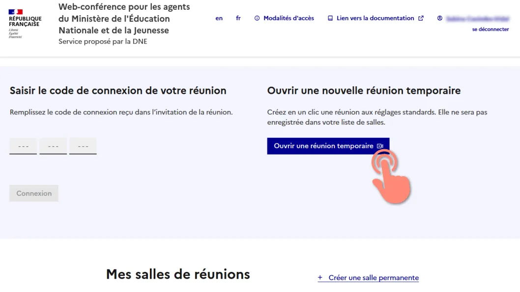 page d&rsquo;accueil, bouton &ldquo;Ouvrir une réunion temporaire&rdquo;.