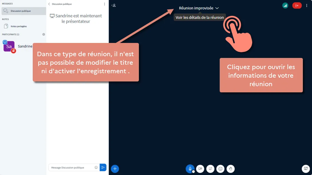 titre &ldquo;Réunion improvisée&rdquo;. Bouton &ldquo;Voir les détails de la réunion&rdquo;.