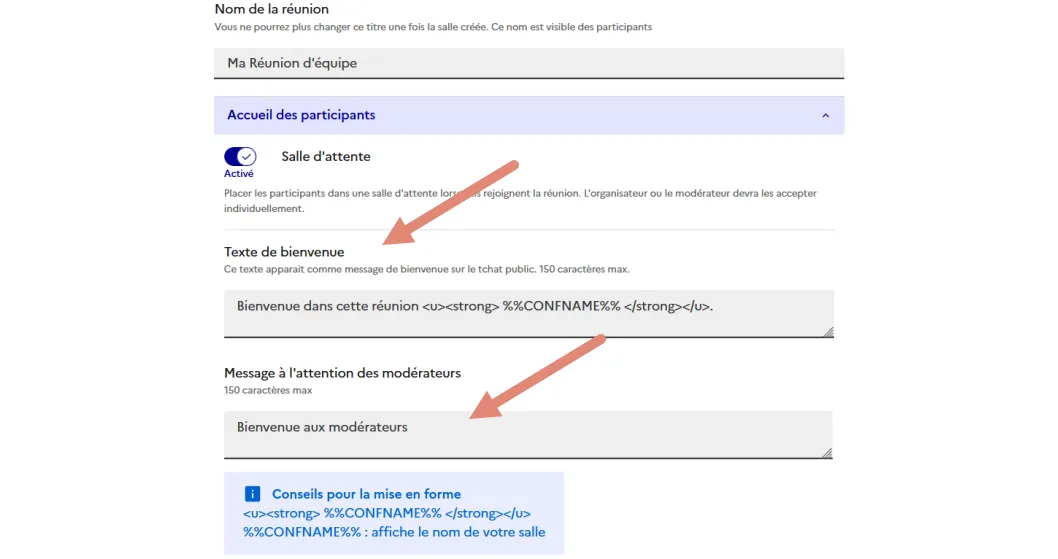 champs de personnalisation des messages de bienvenue.